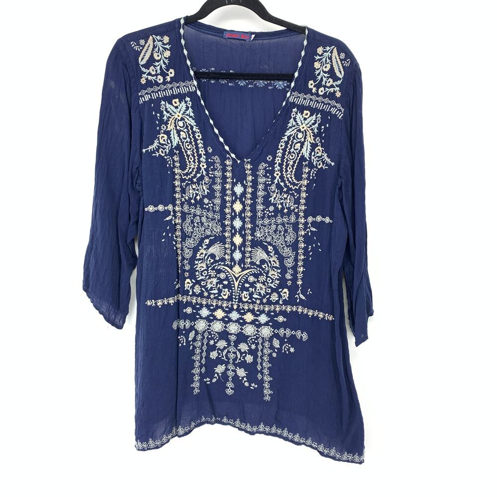 Johnny Was Tunic Top Womens Large Blue Embroidered Floral Paisley Boho Blouse